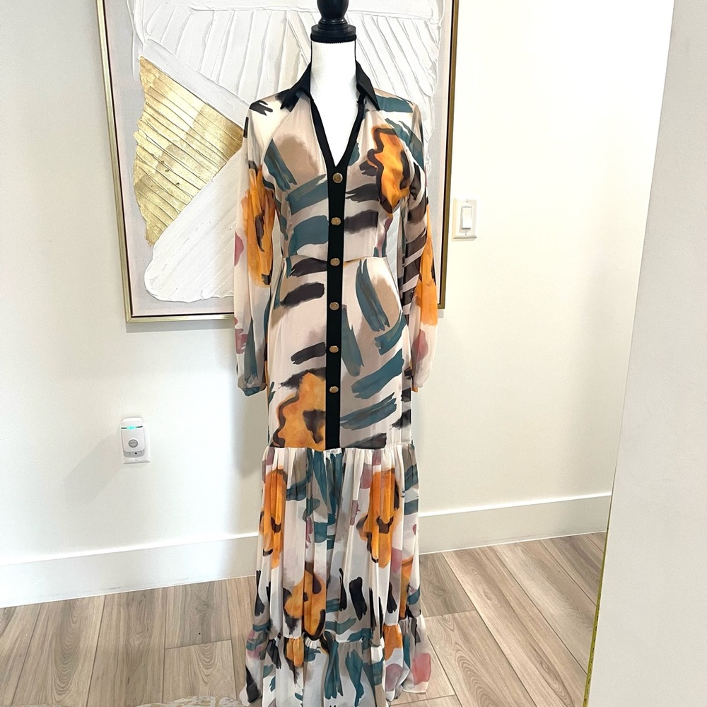 Chic Abstract Long Sleeve Maxi Dress